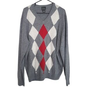 Jos. A Bank Sweater Lambs Wool Blend Pullover Argyle Pattern V Neck Gray RedSZ:L
